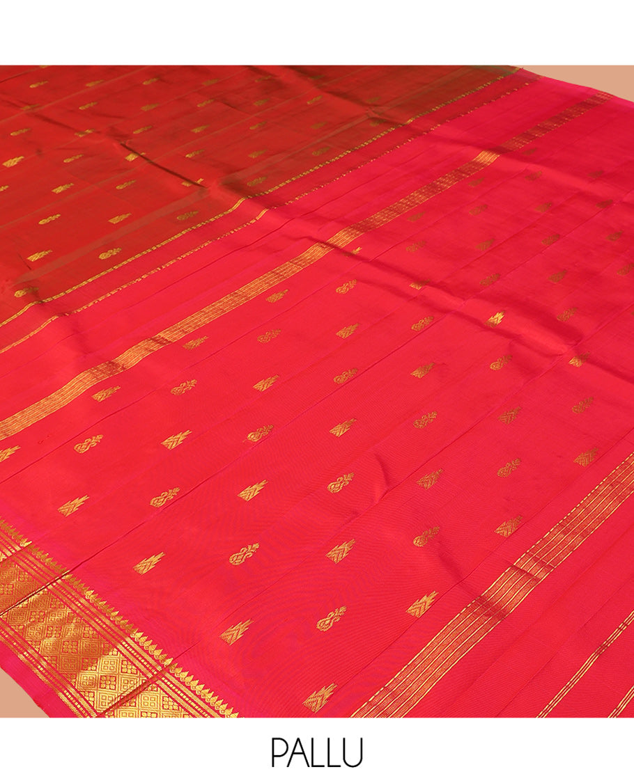 Rust Kanchipuram Silk Saree, Accentuated with Zari Buttas, Complemented by a Contrast Border of Thilakam Mokku, Banaras, Muthu, and Jaal Design, Pallu of Zari Design, and No Blouse