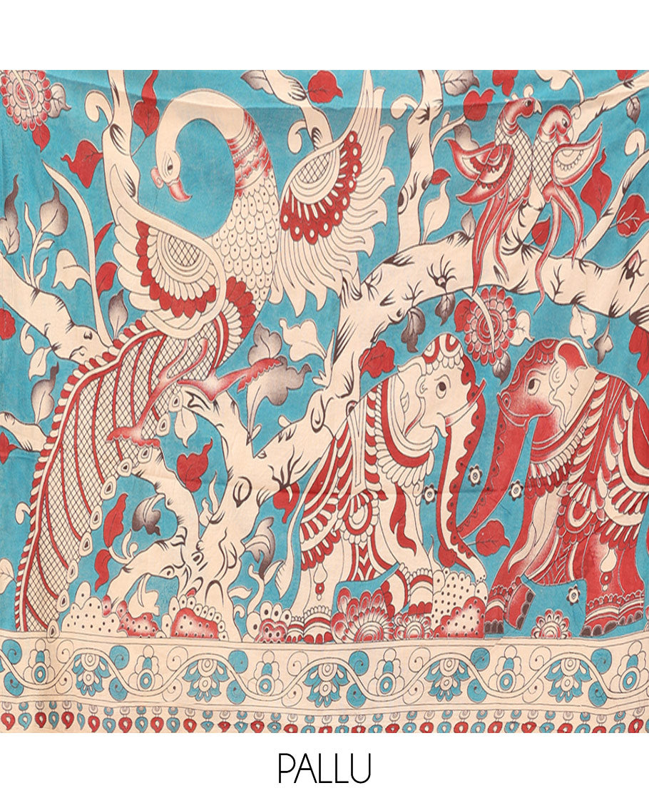 Sandal Kalamkari Cotton Saree, Accentuated with Ancient Human Motif Print, Contrast Printed Border, Kalamkari Animal Motifs Pallu, and a Contrast Blouse