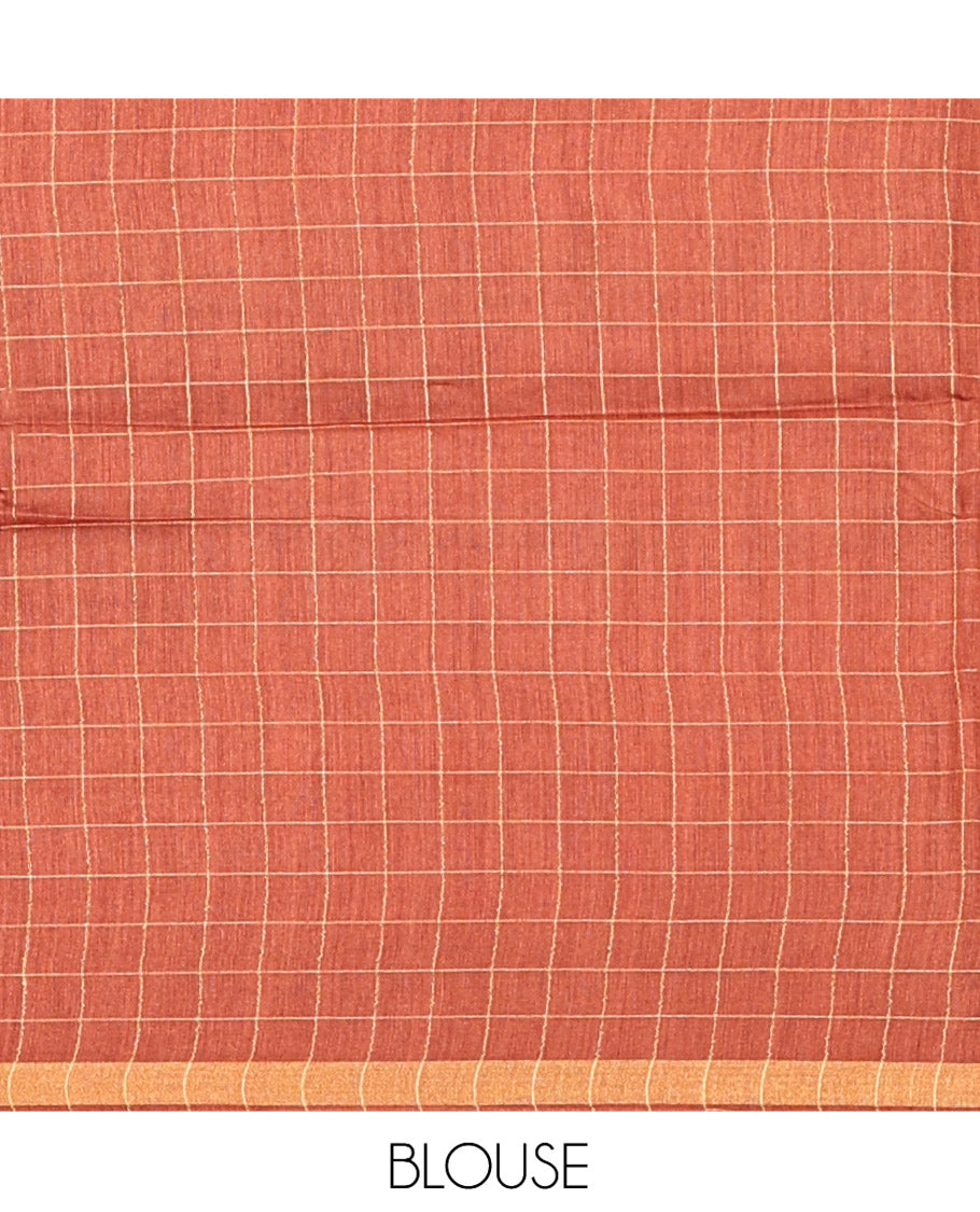 Red Checked Tussar Silk Saree, a Piping Border, Contrast Zari Striped Pallu, and Contrast Blouse