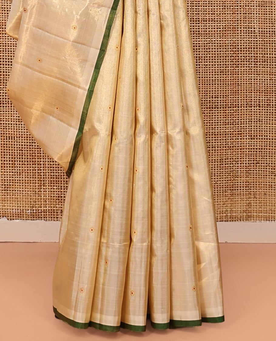 Borderless Gold Kanchipuram Designer Silk Saree, Finely Crafted with Meena Zari Buttas, Zari Pallu of Diagonal Stripes and Singam Designs, and a Matching Blouse