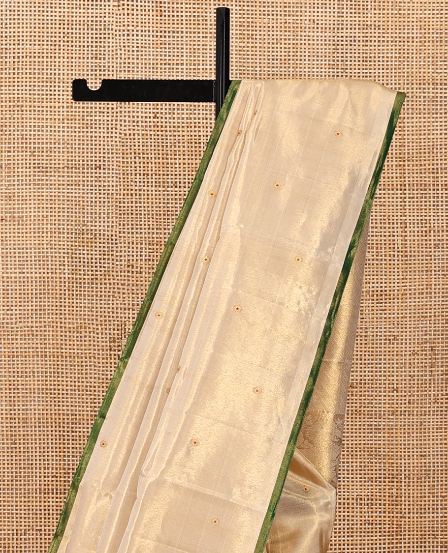 Borderless Gold Kanchipuram Designer Silk Saree, Finely Crafted with Meena Zari Buttas, Zari Pallu of Diagonal Stripes and Singam Designs, and a Matching Blouse