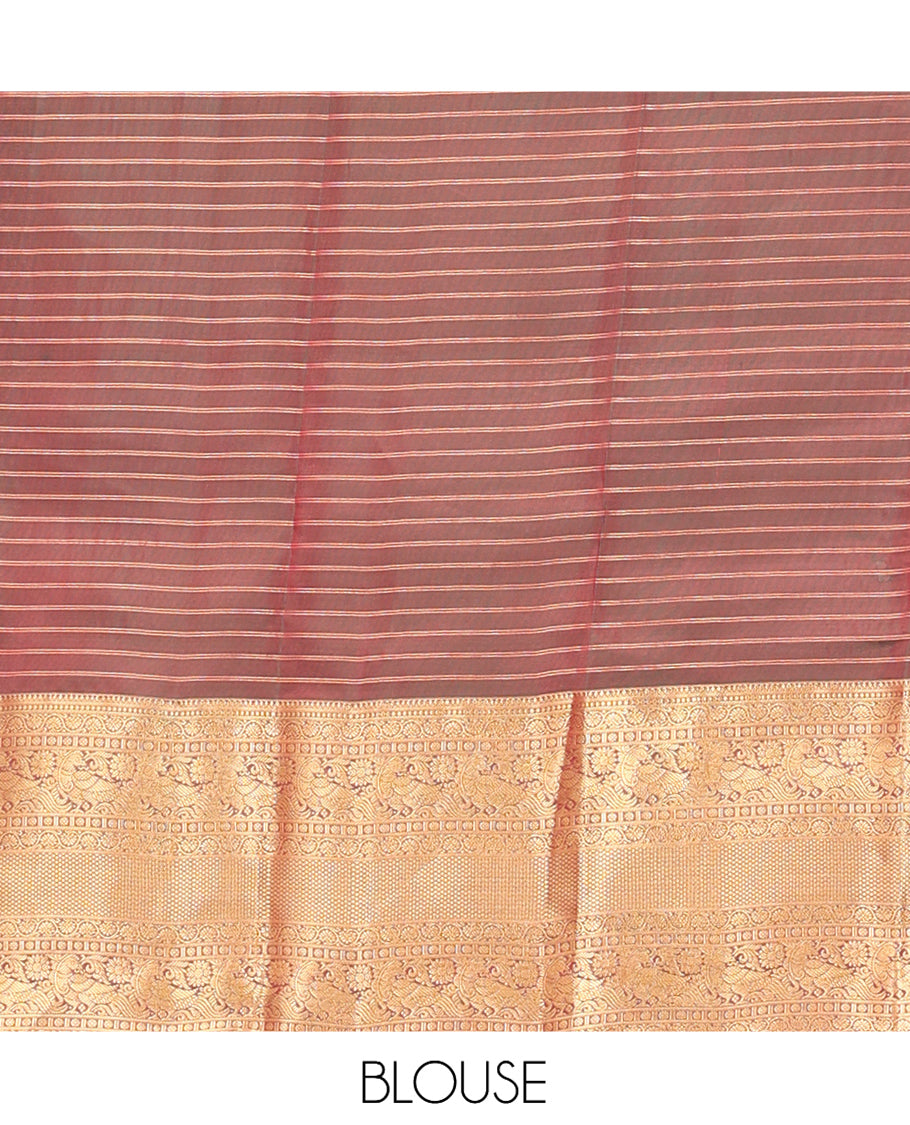 Orange Vasundhara Lite Silk Mix Saree, Bedecked with Zari Buttas and Stripes, a Contrast Border of Kodi Visiry, Mayil, and Mayil Kann Designs, Jaal Pallu, and a Contrast Blouse