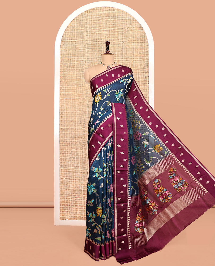 Blue Matka Silk Saree, Elegantly Highlighted with Meenakari Floral Vine Design All Over Its Body, Complemented by Contrast Temple Border of Buttas, Pallu of Floral Designs, and Paired with Contrast Blouse