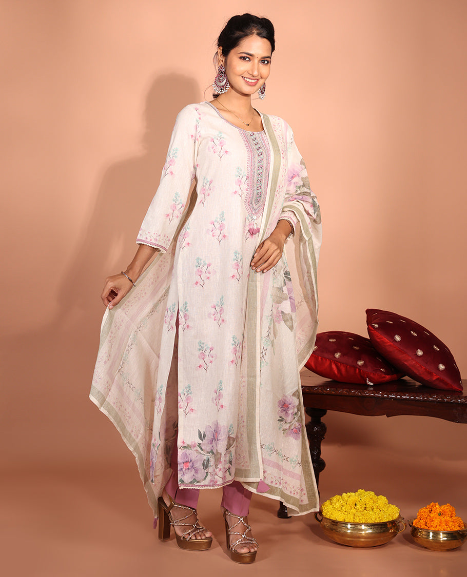 White-Base Cotton Readymade Suit