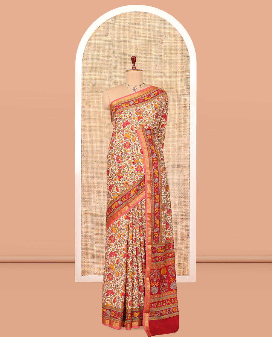 Red Printed Silk Saree, Elevated with Floral Vine Print, a Traditional Zari Border, Floral Pallu, and a Matching Blouse