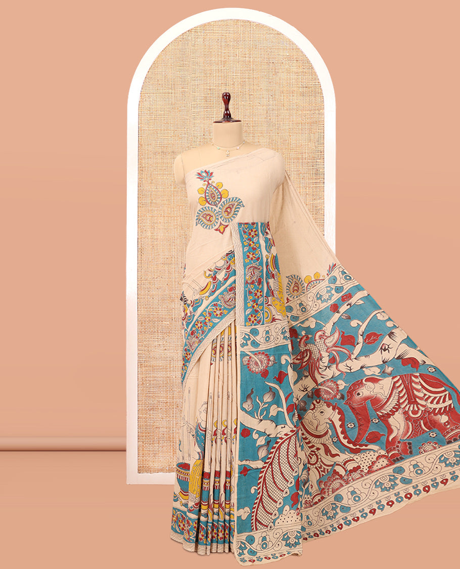 Sandal Kalamkari Cotton Saree, Accentuated with Ancient Human Motif Print, Contrast Printed Border, Kalamkari Animal Motifs Pallu, and a Contrast Blouse