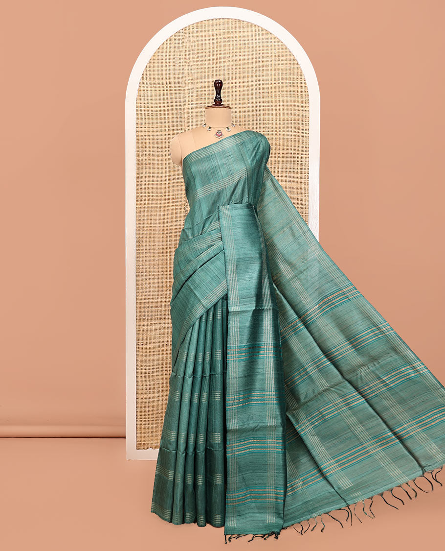 Borderless Green Tussar Silk Saree, Detailed with Stripes, a Striped Pallu, and a Matching Blouse