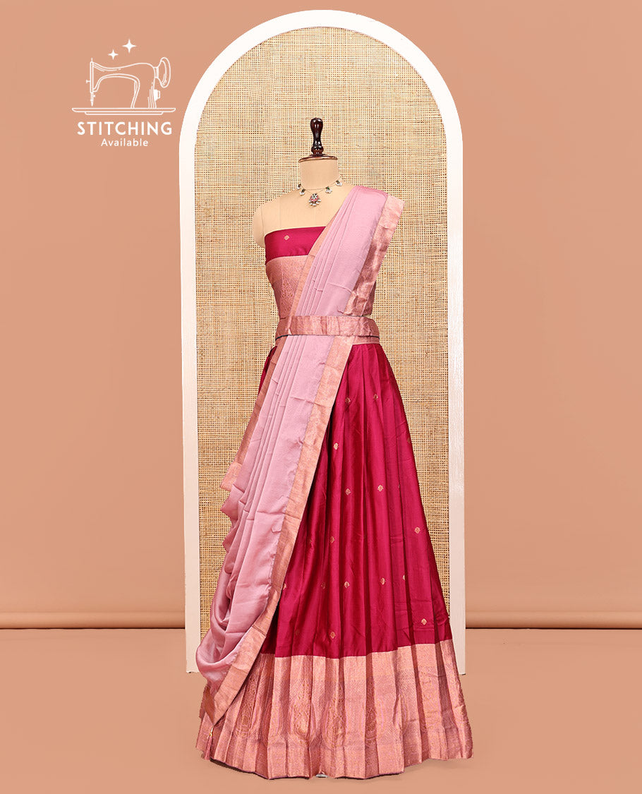 Red Art Silk Half Saree Features Buttas Skirt, Complemented by Contrast Traditional Border, Matching Blouse, and a Plain Zari-Bordered Dhavani
