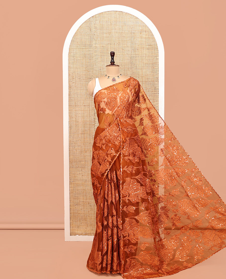 Orange Organza Saree, Gracefully Embellished with Floral Sequins-Thread Embroidery, Scallop-Embroidered Border, and a Matching Blouse