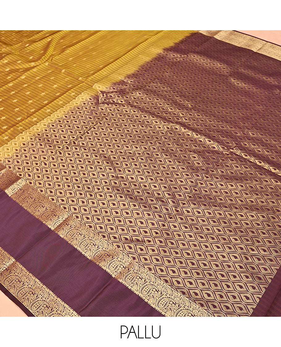 Mustard Vasundhara Lite Silk Mix Saree, Entralled with Zari Buttas and Stripes On Its Body, Complemented by Contrast Border of Manga Designs, Ogee Patterned Pallu and Paired with a Contrast Blouse