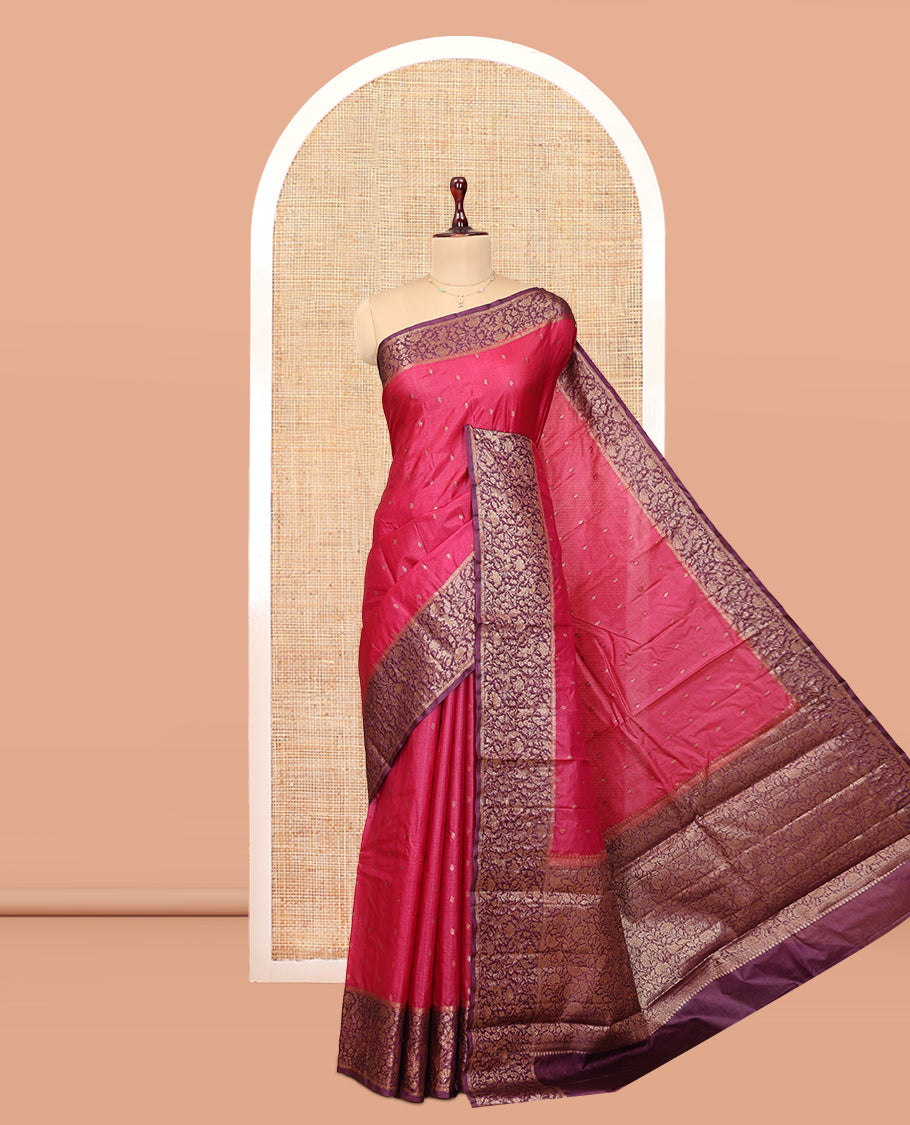 Pink Tussar Silk Saree, Accentuated with Zari Buttas, a Contrast Floral Design Border, Floral Design Pallu, and a Contrast Blouse