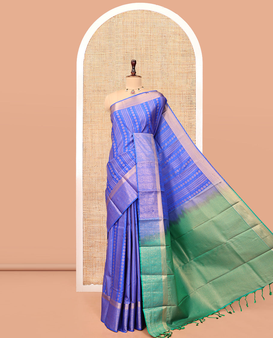 Blue Budget Silk Saree, Richly Detailed with Stripes and Peacock Buttas, Traditional Zari Border, Contrast Grand Pallu, and a Contrast Blouse