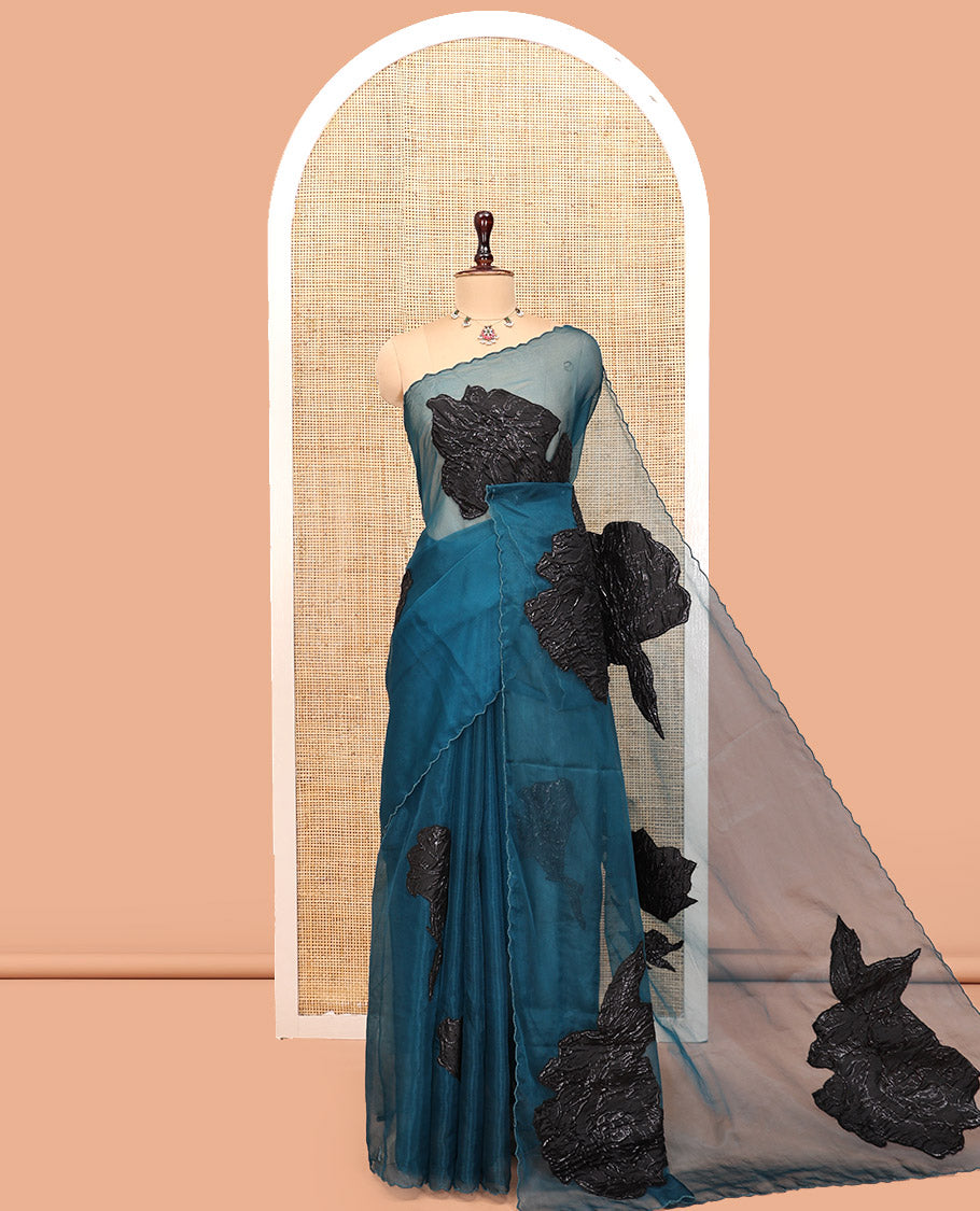 Peacock Blue Turkey Organza Saree Features Floral Applique Embroidery, a Scallop Border, Matching Blouse