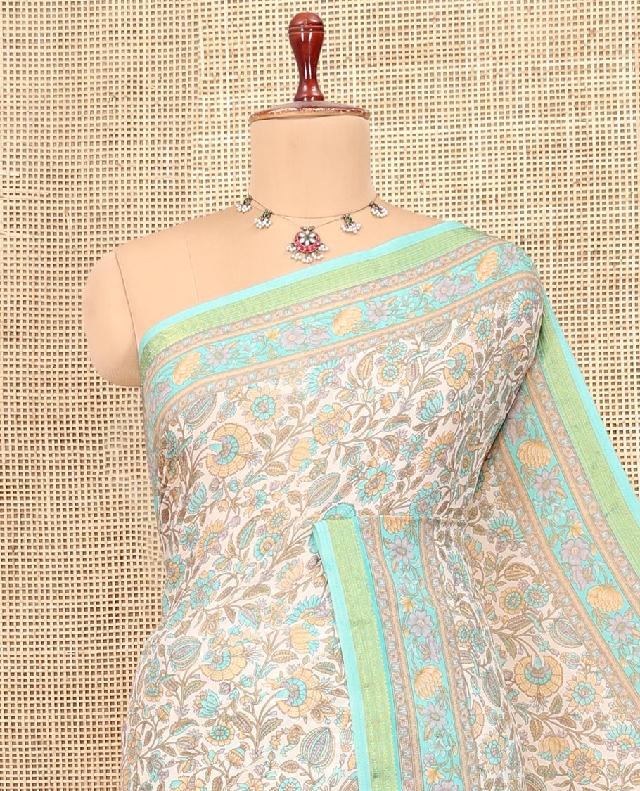 Off-White Base Printed Silk Saree, Enthralled with Floral Vine Print, a Contrast Floral Printed Zari Border, Floral Printed Pallu, and a Contrast Blouse