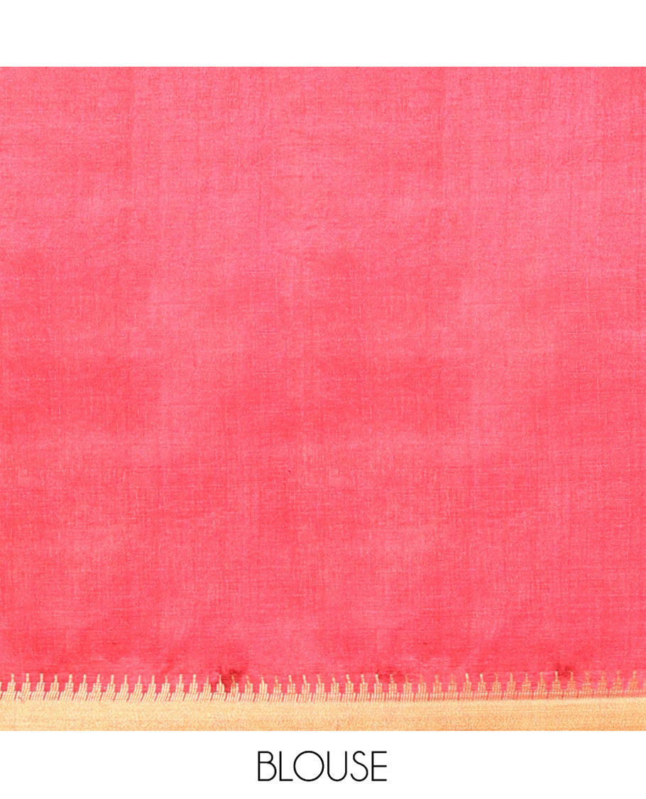 Red Banana Pith Saree, Detailed with Diamond Buttas on Its Body, Subtle Temple Border, Pallu Steeped with Zari Stripes, and Paired with a Matching Blouse