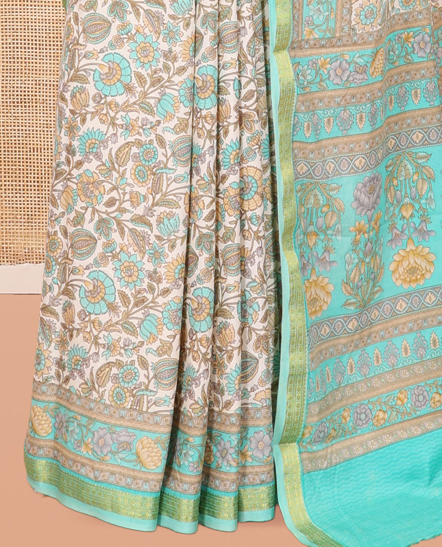 Off-White Base Printed Silk Saree, Enthralled with Floral Vine Print, a Contrast Floral Printed Zari Border, Floral Printed Pallu, and a Contrast Blouse