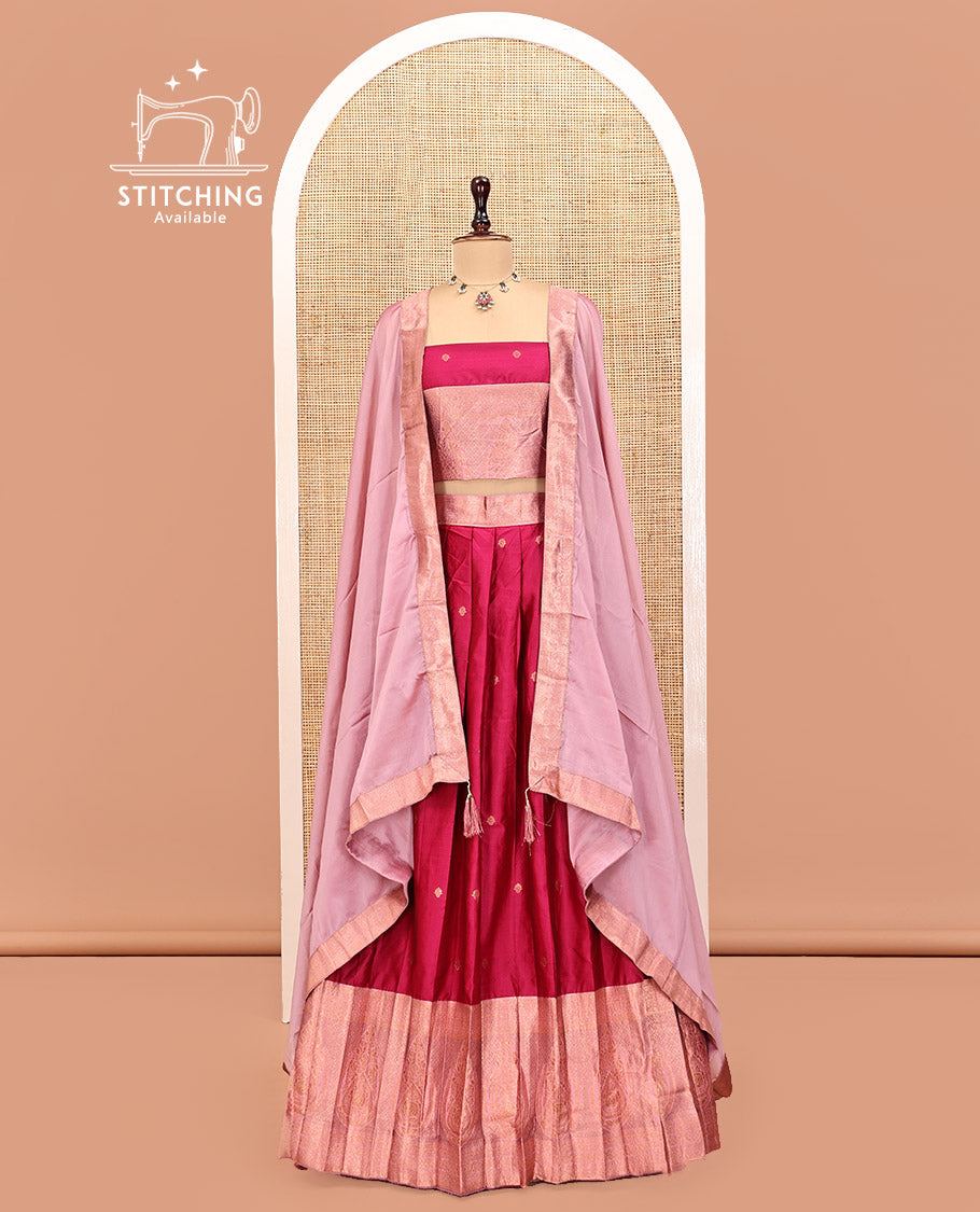Red Art Silk Half Saree Features Buttas Skirt, Complemented by Contrast Traditional Border, Matching Blouse, and a Plain Zari-Bordered Dhavani