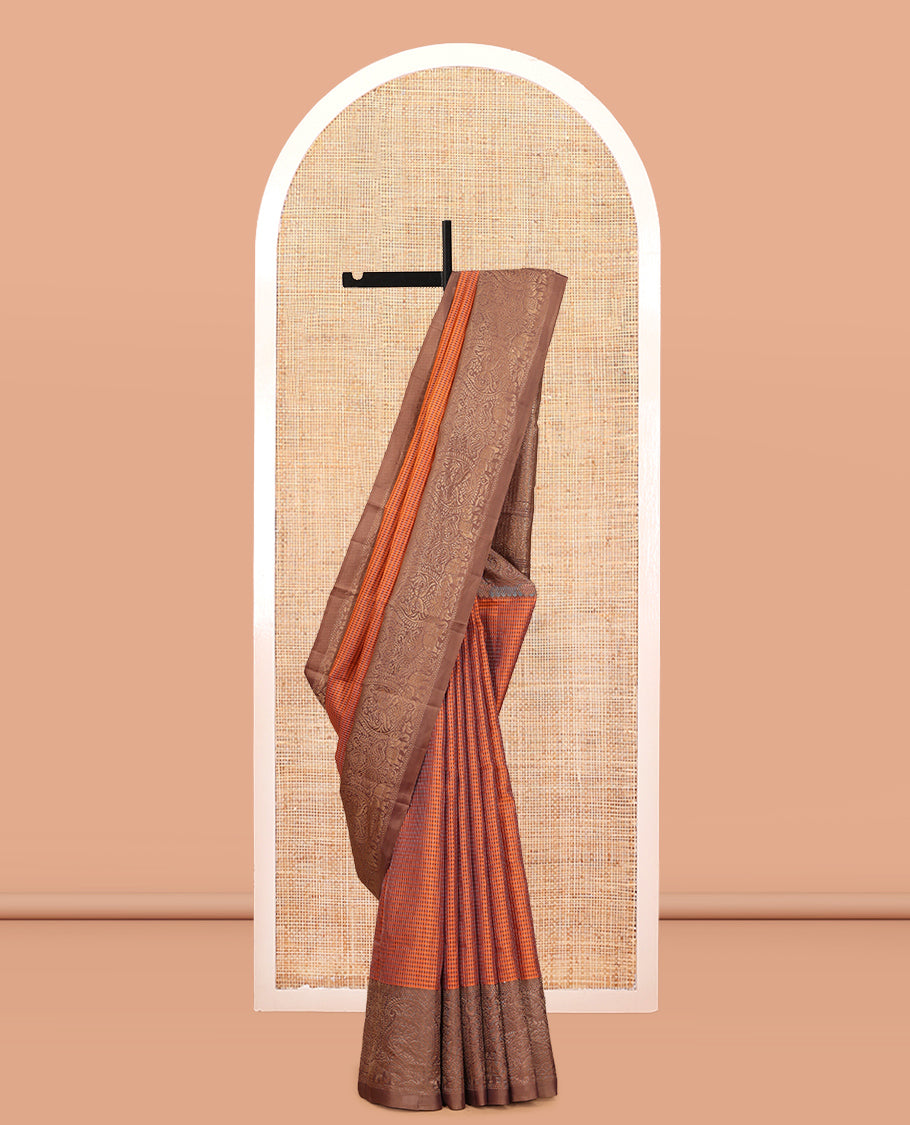 Orange Mayuri Lite Silk Mix Saree, Beautifully Bedecked with Checked Design, Contrast Traditional Zari Border, Jaal Pallu, and a Contrast Blouse
