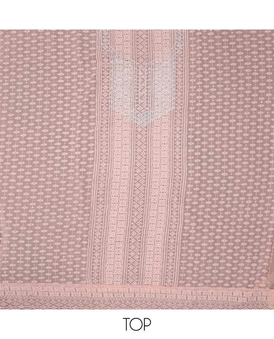 Peach Material Chudidar Set, Woven with Chikankari-Style Embroidery and Neck Stone Work on Georgette Top, a Plain Santoon Bottom, and Paired with a Floral Vine Embroidery Georgette Dupatta