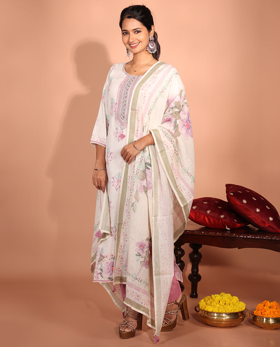 White-Base Cotton Readymade Suit
