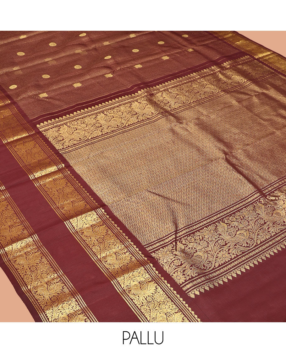 Maroon Kanchipuram Silk Saree, Majestically Detailed with Mayil-Chakra Buttas and Checks, Highlighted by Zari Border of Salngai, and Mayil Designs, Jaal Pallu, and Matching Blouse