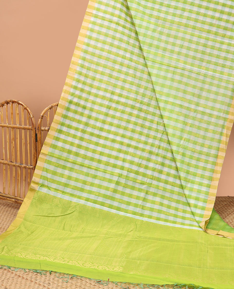 Multi-color checked design chanderi cotton saree with contrast striped border & intricate zari design pallu