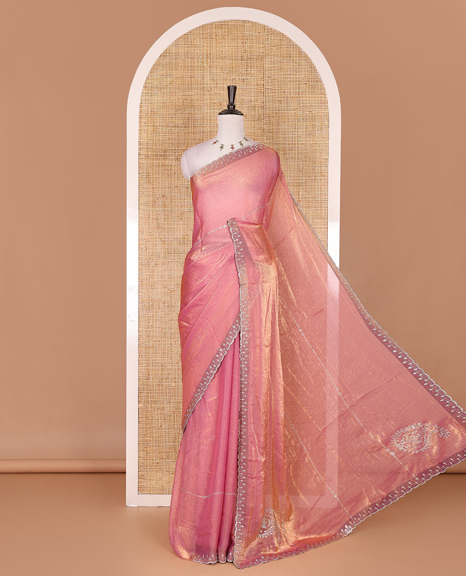 Pink micro stonework Fendi chiffon saree, scallop micro stonework border, stonework paisley pallu, and matching micro stone work blouse