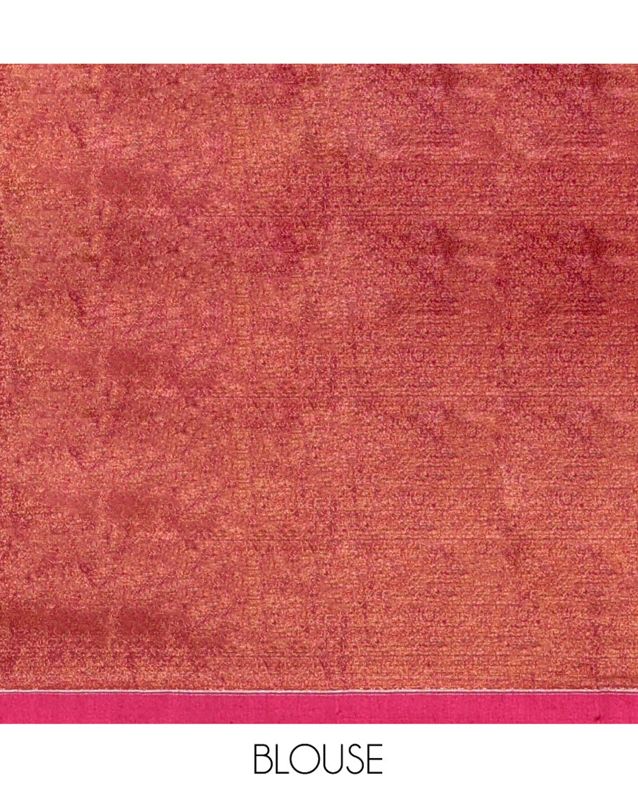 Orange Khadi Tissue Saree, Adorned with Leaf Buttas All Over Its Body, Highlighted by Geometric Patterned Border, Pallu Depicts Geometric Prints, and Paired with a Matching Blouse