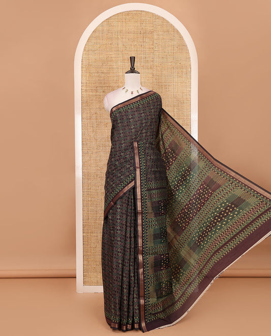 Wine geometric printed Muslin cotton saree, zari border, geometric printed pallu & printed blouse