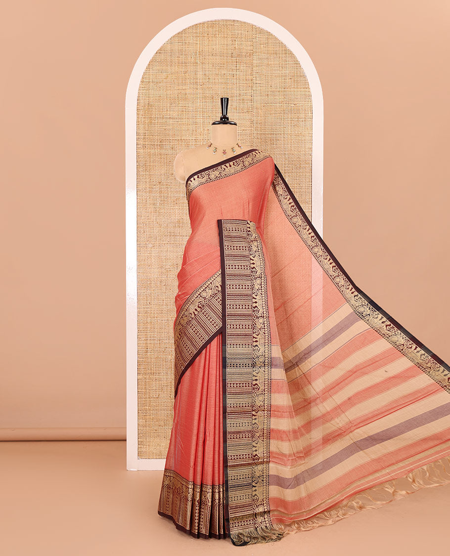 Pink plain mercerised cotton saree, contrast traditional motifs thread woven border, striped pallu, and a matching blouse