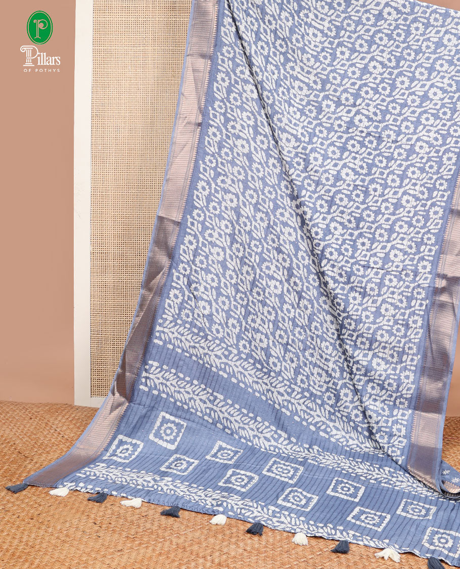Grey Batik print, sequins embroidery dola silk saree with gold zari jacquard border & pathick printed, sequins pallu along with pathick printed blouse