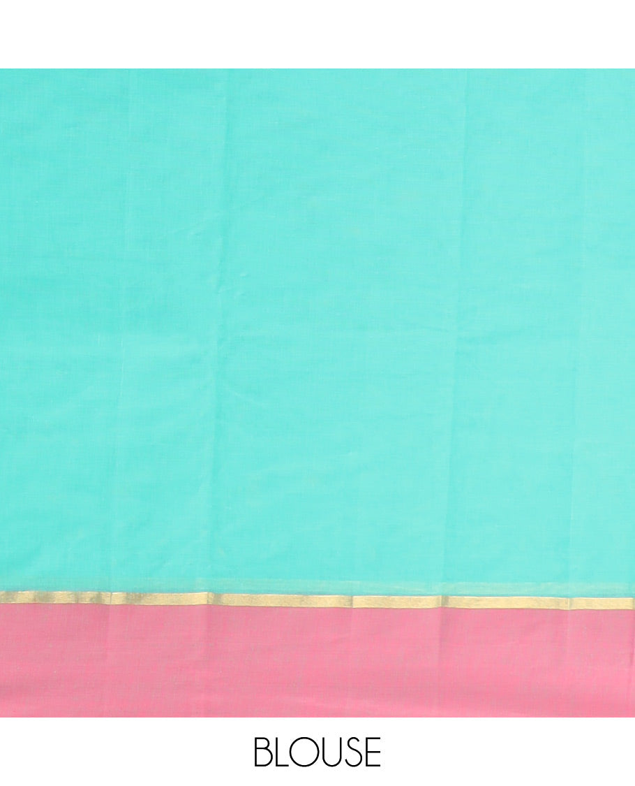 Sea green floral motifs kanchi cotton saree with contrast floral design border & geometric design pallu
