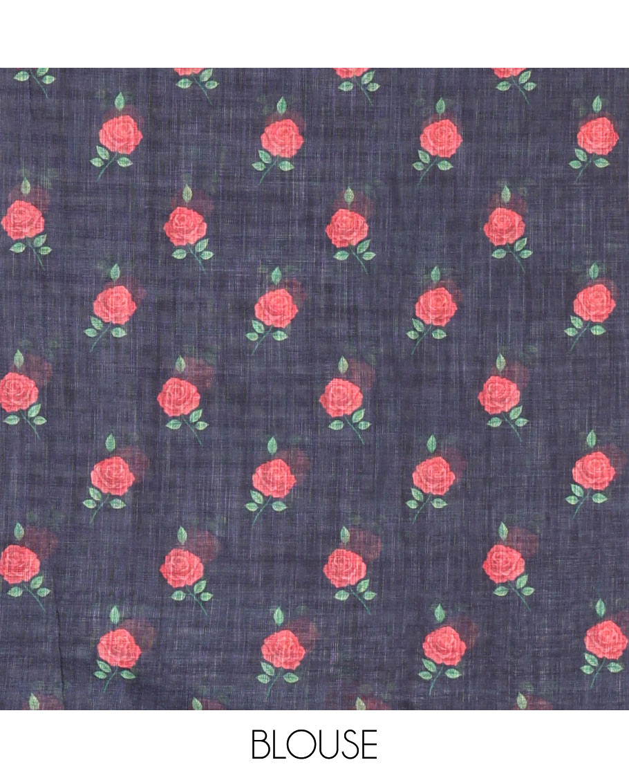 Navy Blue Linen Cotton Saree, Beautiful Decked Up with Checks and Floral Motifs Printed All Over Its Body, Subtle Piping Border, Pallu Mirrors the Same Design, and Paired with a Printed Blouse