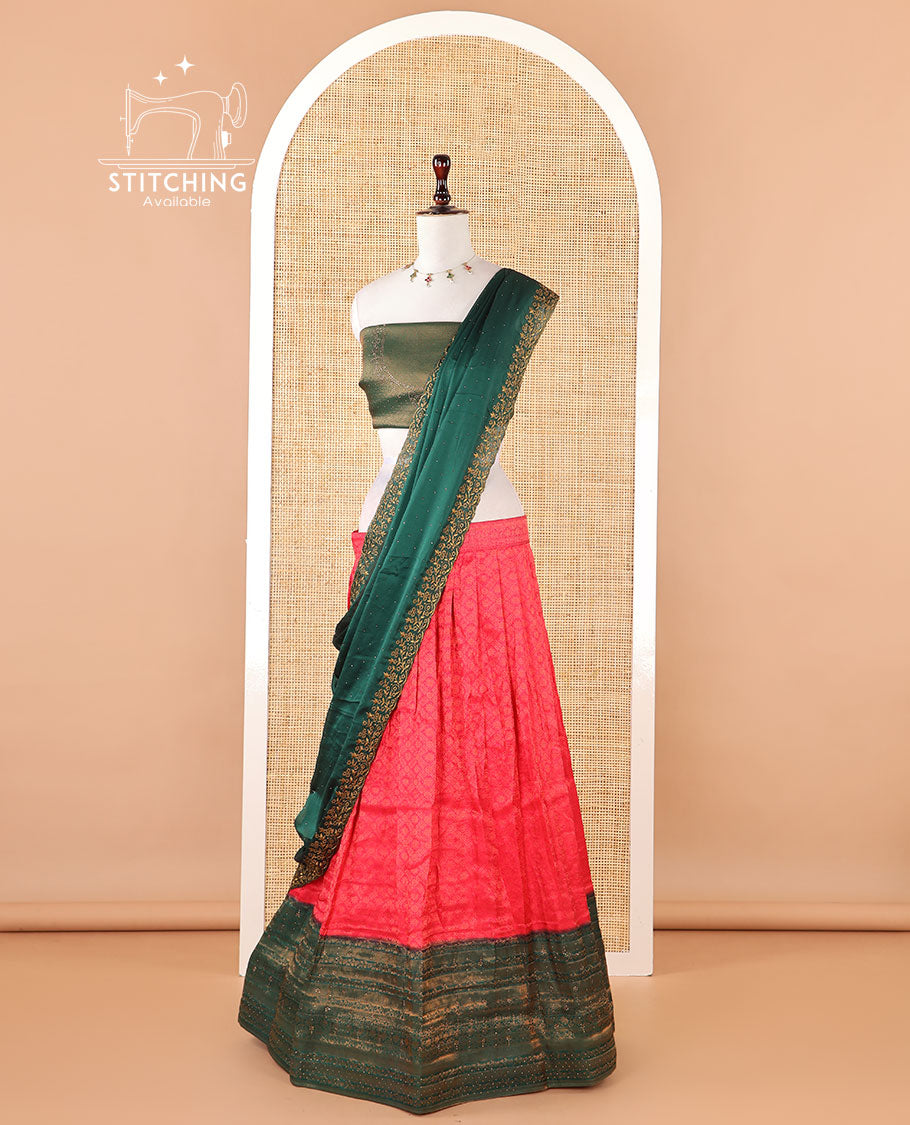 Rani pink banaras softy half-saree, brocade skirt, contrast traditional border, brocade blouse & stonework scallop georgette dhavani