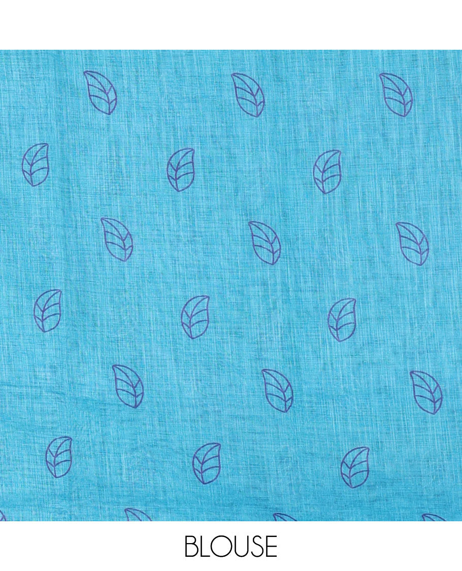 Violet rose floral printed linen cotton saree, contrast piping border, rose floral printed pallu, and a contrast leaf motifs printed blouse