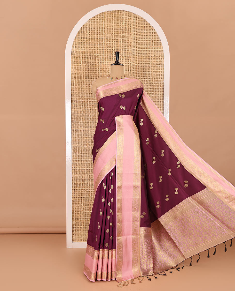 Purple zari buttas soft silk saree , contrast peacock and mango zari weaving border , contrast weaving rich pallu and contrast Blouse