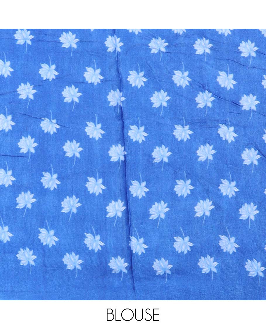 Multi-colored floral design semi-banaras printed saree contrast plain border & striped zari pallu