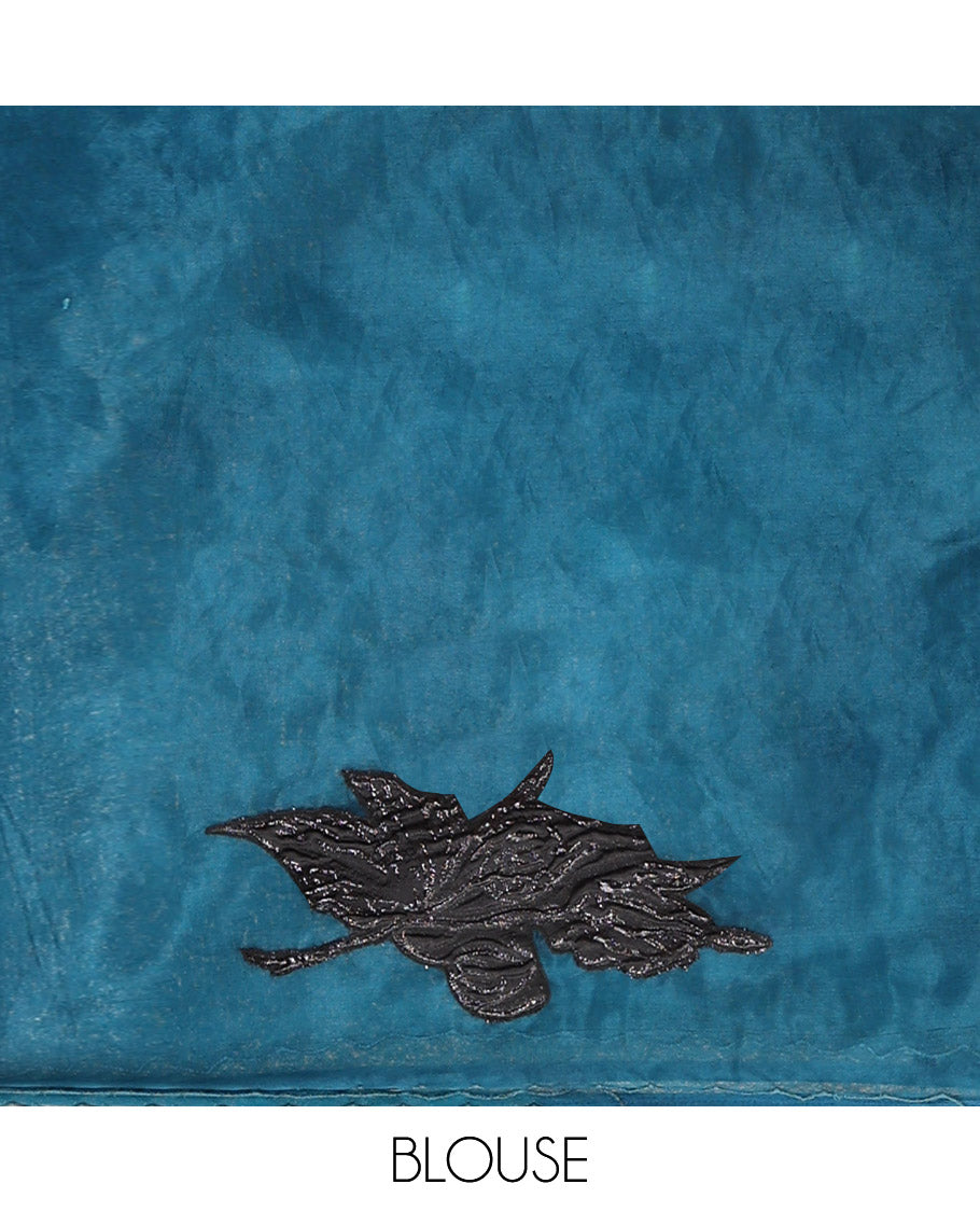 Peacock Blue Turkey Organza Saree Features Floral Applique Embroidery, a Scallop Border, Matching Blouse
