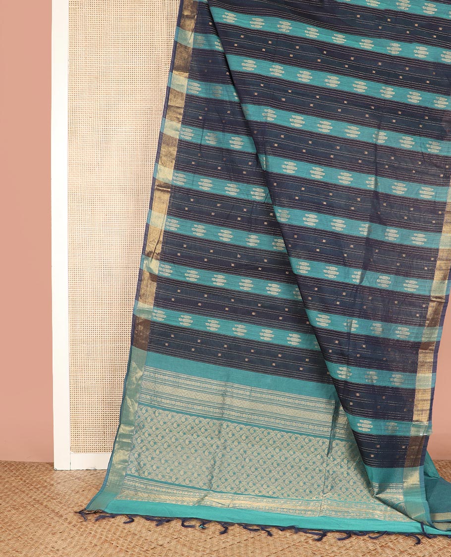 Blue Coimbatore Cotton Saree, Prettified with Stripes and Unique Buttas All Over Its Body, Subtly Zari Border, Complemented by Pallu of Jaal Designs, and Paired with a Contrast Blouse