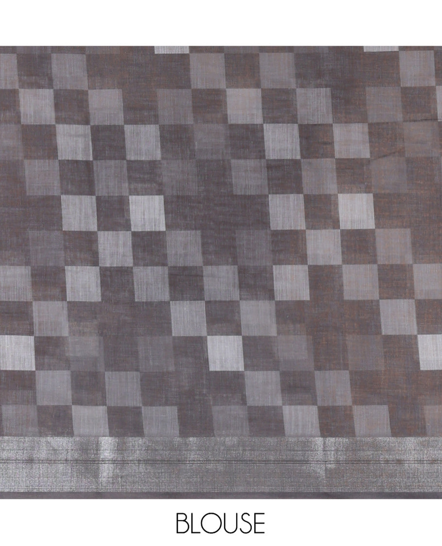 White Linen Cotton Saree, Adorned with Checked Design on Its Body, Complemented by a Contrast Zari Border, Multi-Color Checked Pallu, and Paired with a Contrast Blouse