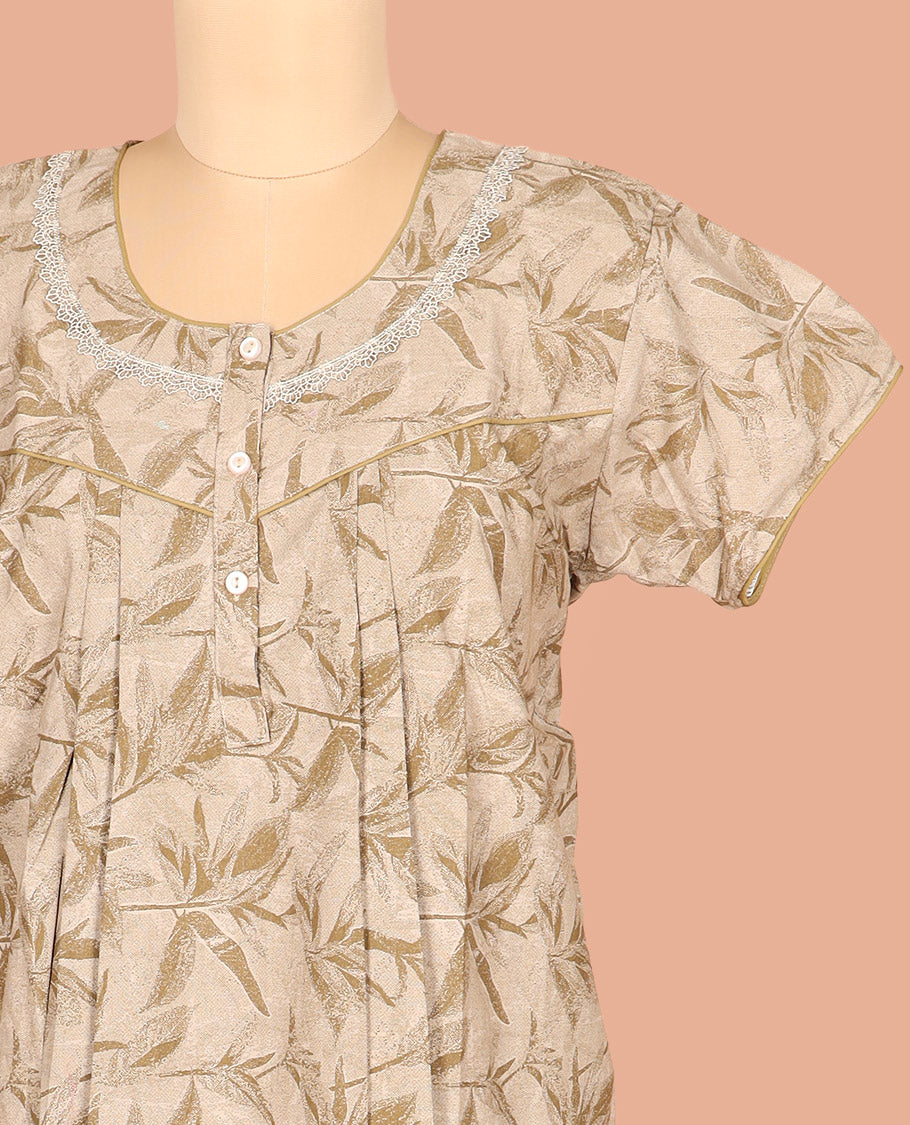 Light Sandal Cotton Nighty Bedecked with Floral Patterns Print, Featuring Lace Work, Round Front Neck, and Half Sleeves