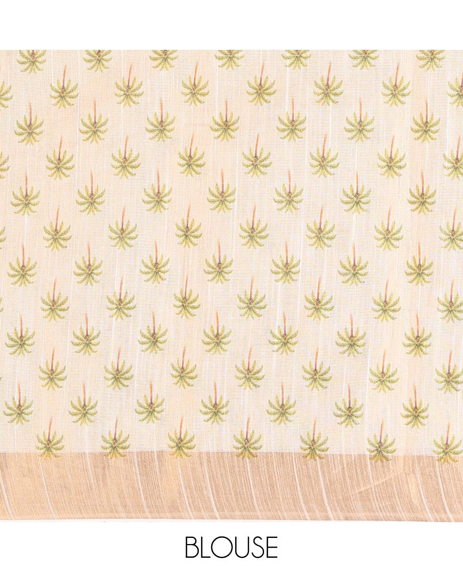 Cream Kerala Cotton Saree, Adorned with Flower Print, Zari Border, Pallu of Kerala Scenery Print, and a Matching Blouse