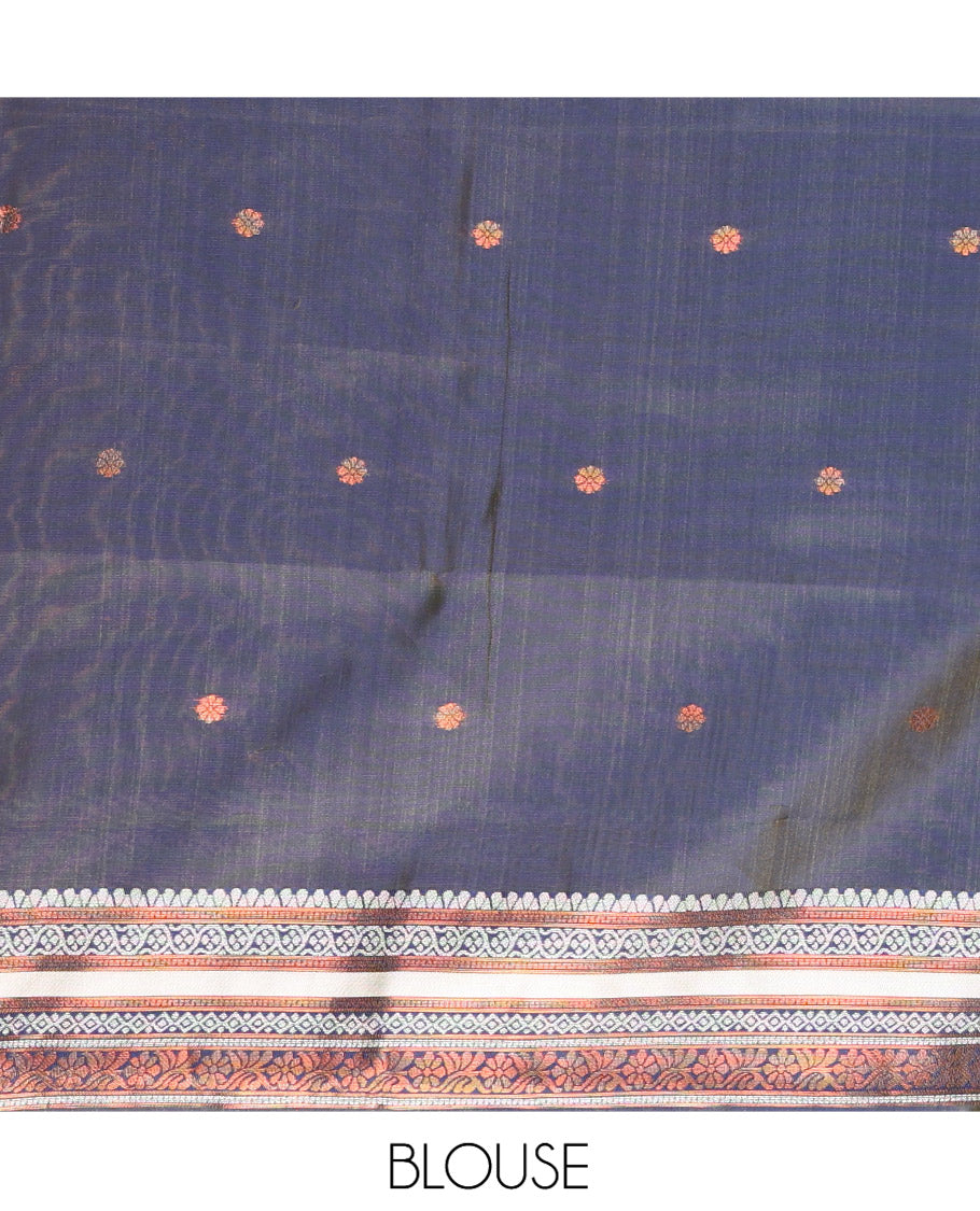 Off-white Litchi Chettinad Saree, Subtly Woven with Thread Leaf Buttas, Contrast Traditional Border, and a Contrast Blouse