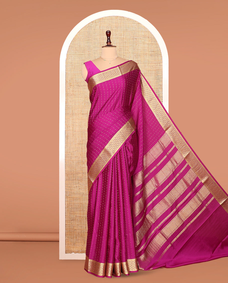 Pink Plain Mysore Silk Saree, Highlighted by Traditional Zari Border, Zari Designs Woven Pallu, and Paired with a Matching Blouse