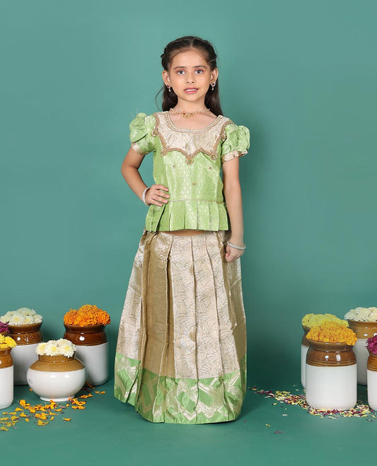 Beige art silk readymade pavadai set, jacquard with contrast geometric zari border skirt, and contrast neck embroidered puff-sleeve blouse