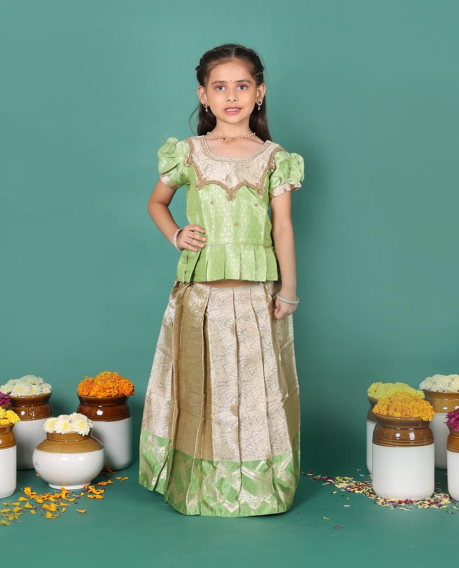 Beige art silk readymade pavadai set, jacquard with contrast geometric zari border skirt, and contrast neck embroidered puff-sleeve blouse