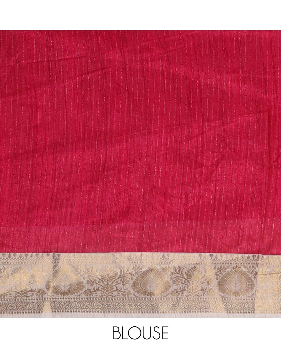 White and rani pink dola silk saree with zari stripes and kalamkari-theme motifs printed on its center of the body, golden zari jacquard border & zari design blouse
