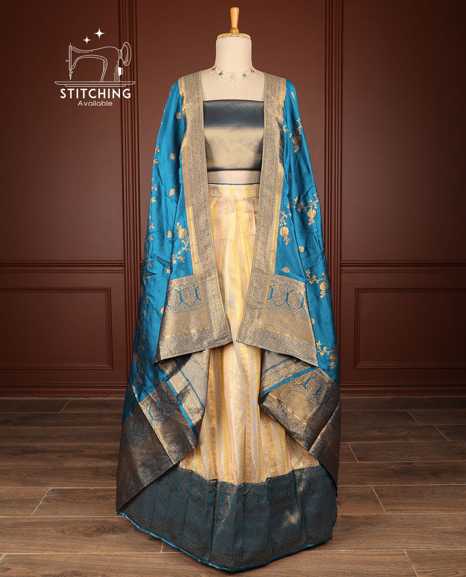 Multi Colour floral motifs half saree with contrast intricate zari design , checked zari design blouse & floral zari design dhavni