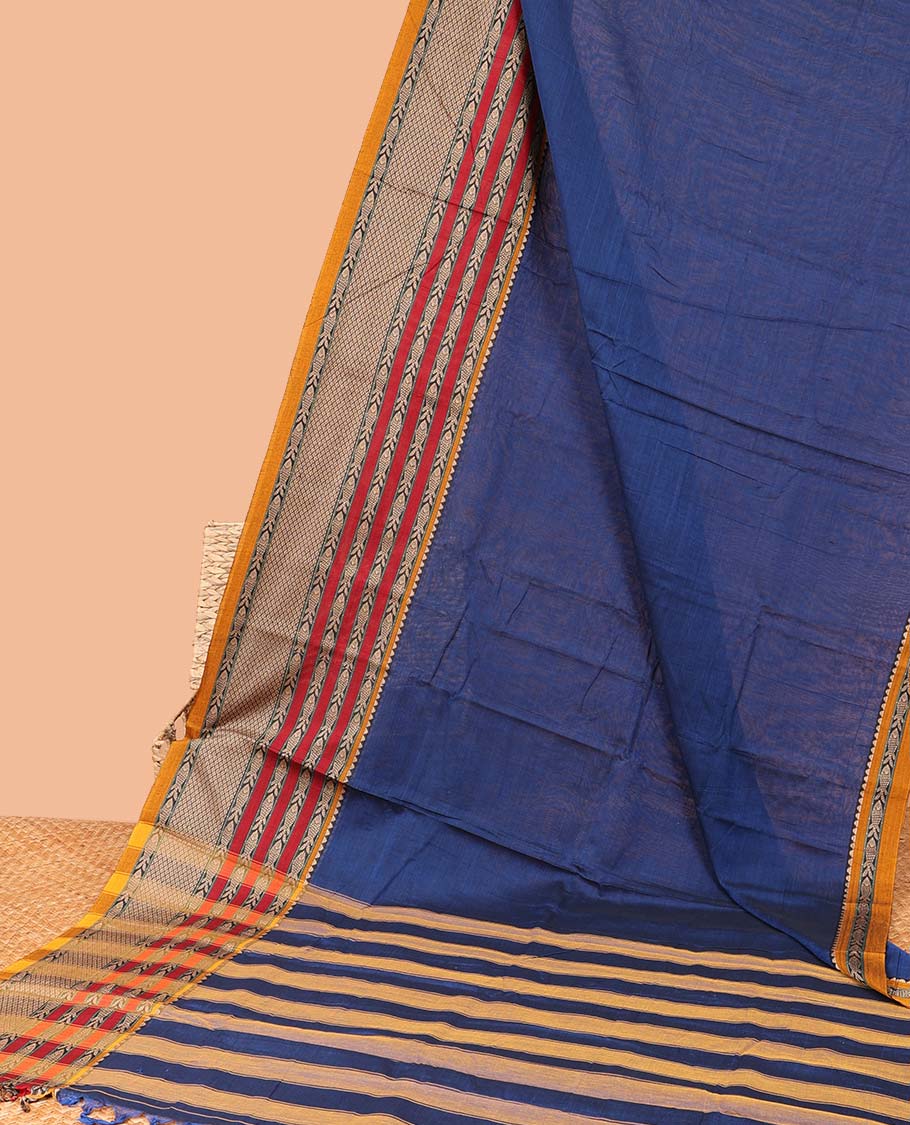 Blue plain Narayanapet cotton saree, contrast traditional zari design border & striped pallu