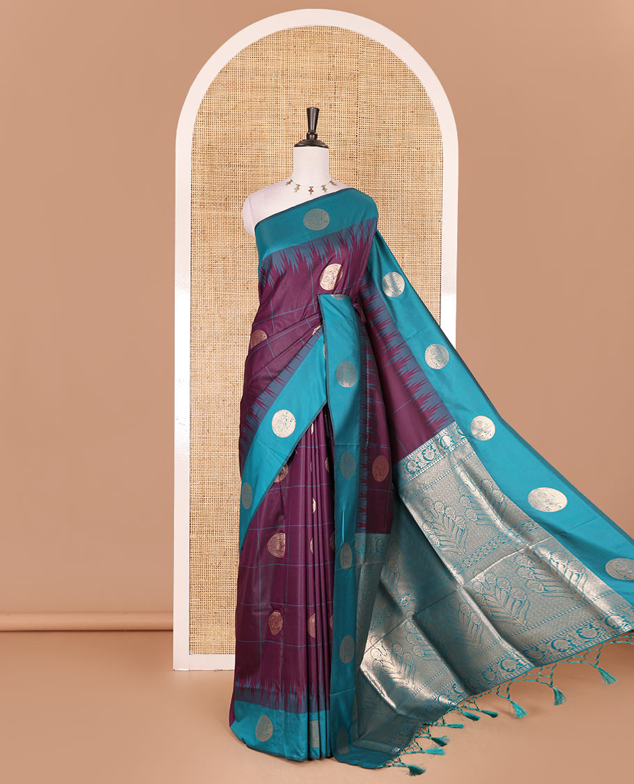 Wine round peacock chakram buttas enclosed checked Mulberry silk saree, contrast round peacock chakra border, zari worven pallu, and contrast zari blouse